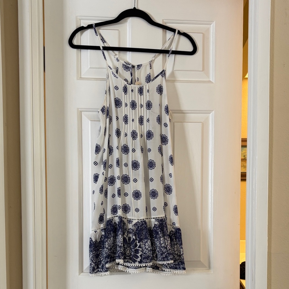 Ocean Drive White Dress with Navy Floral Medallion Print